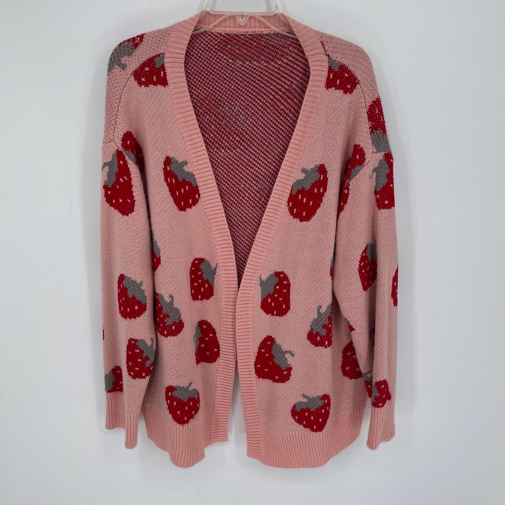 Women's Pink Strawberry Knit Open Front Cottagecore Cardigan Sweater Size 2XL